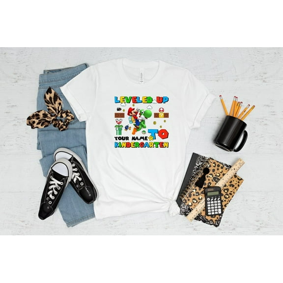 Leveled Up to Kindergarten T-Shirt, Mario Kindergarten Graphic Tee, Back to School Kids Shirt, Fun School Shirt for Kids