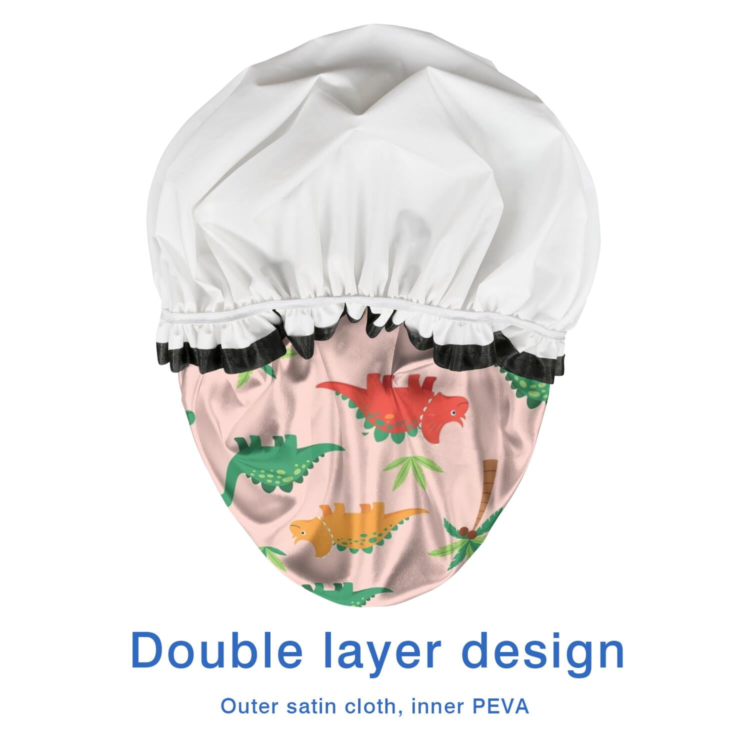 Shower Caps,Pink Cartoon Dinosaurs Palms Pattern Waterproof Shower Cap for Women 4 Pieces,Double Reusable Hair Cover for Shower PEVA Elastic Stretch Hem