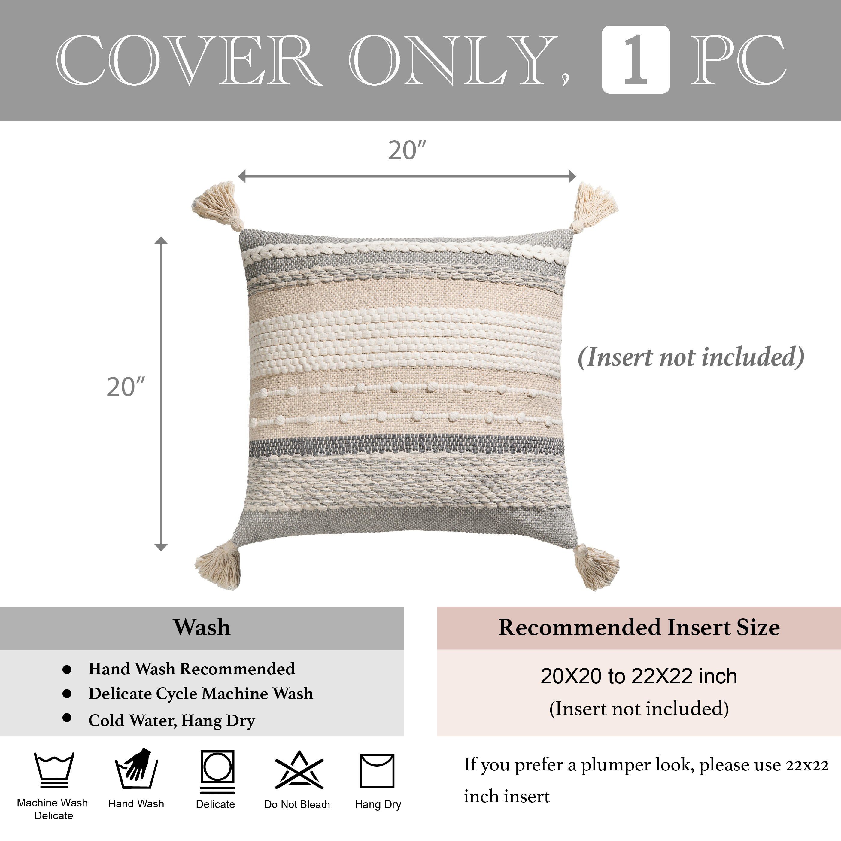 BlissBlush Gray Boho Throw Pillow Cover 20x20 Grey Decorative Accent Pillow for Couch Square Woven Textured Pillowcase Modern Farmhouse Pillow for Bed Bohemian Pillow Cover (Pack of 1)