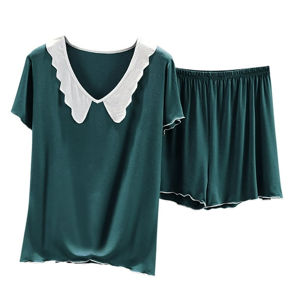 Lounge Pajama Sets for Women Scalloped Collar Short Sleeve Tops And Shorts Soft Oversized 2 Piece Pjs Outfits