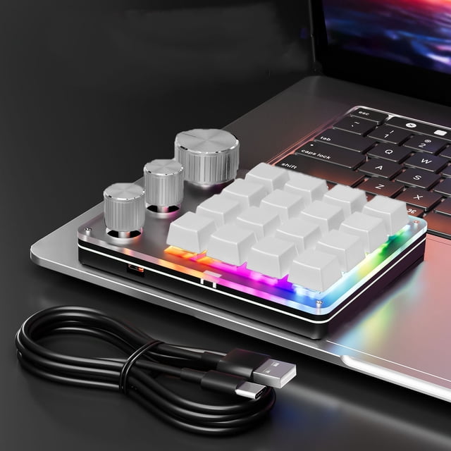 16 Key Programmable Mechanical Macro Pad, Customizable Gaming Keypad with 3 Knobs, LED Light, Red Switch, Compact Wired Keyboard for PC, Editing, Shortcuts