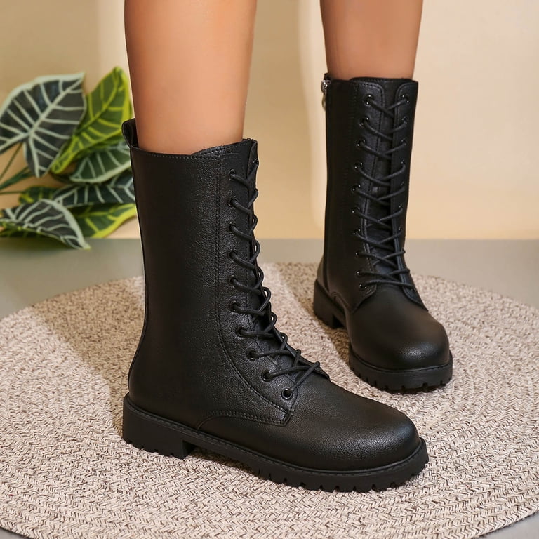 Stivaletti Donna Vintage In Ecopelle – Modello Mid-Calf Con Chiusura A Cerniera E Lacci, Suola Antiscivolo, Tacco 5,5 Cm
