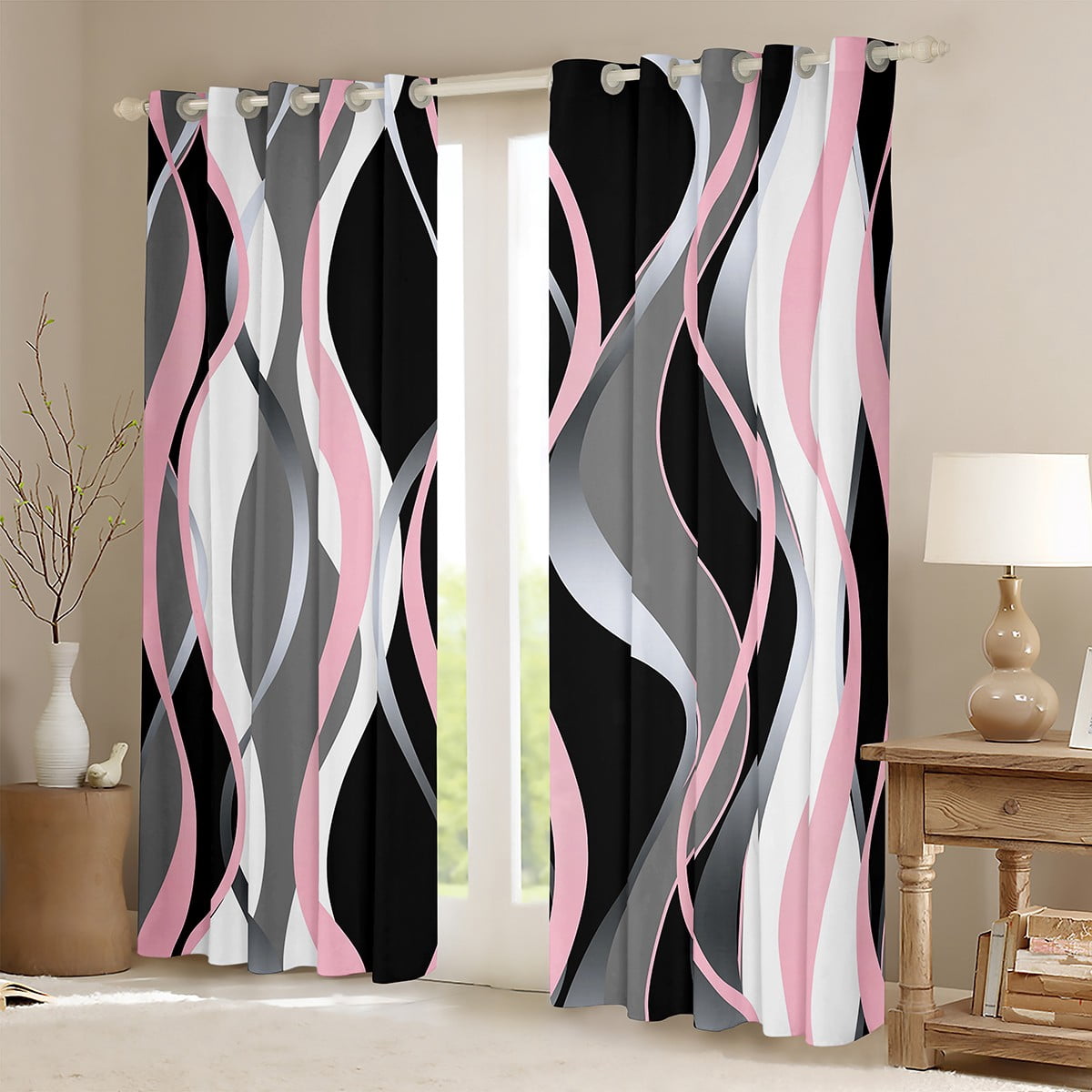 Manfei Pink Gray White Black Black Out Curtains, Contemporary Geometric Curtains Pack of 2 (42x63 Each), Aesthetic Lines Stripes Bedroom Curtains, Super Cozy Room Decor