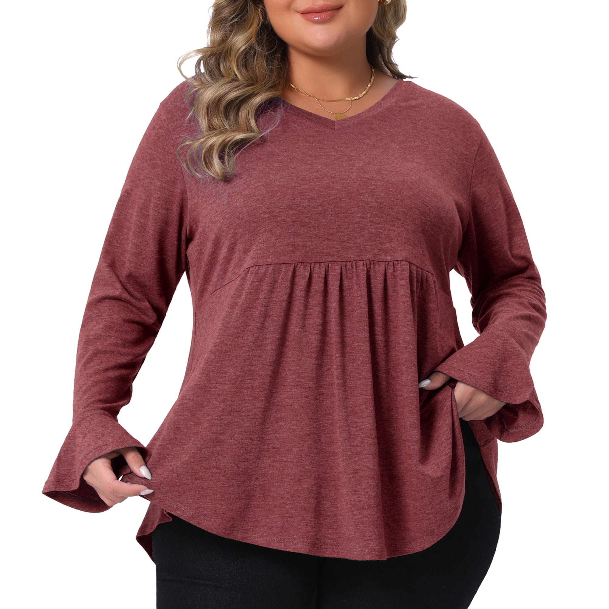Women's Plus Long Sleeve Shirts Flared Sleeves Pullover Dressy Casual Peplum Tops 2X Burgundy