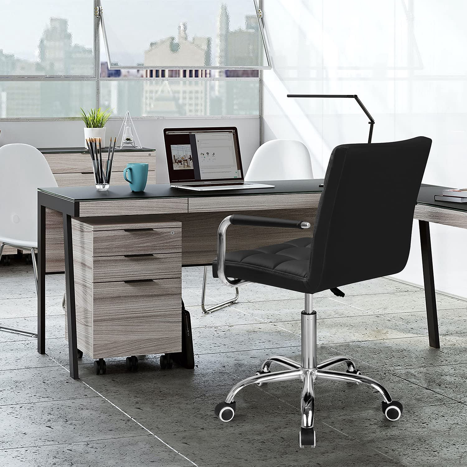 Lacoo Mid Back office chair PU Leather Adjustable Height Office Desk Chair 360 Degree Swivel with Armrest, Black