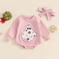 thumbnail image 2 of Nwiuh Newborn Baby Girl Halloween Outfit Ghost Embroidery Sweatshirt Romper Bubble Bodysuit with Headband (Pink, 12-18 Months), 2 of 7