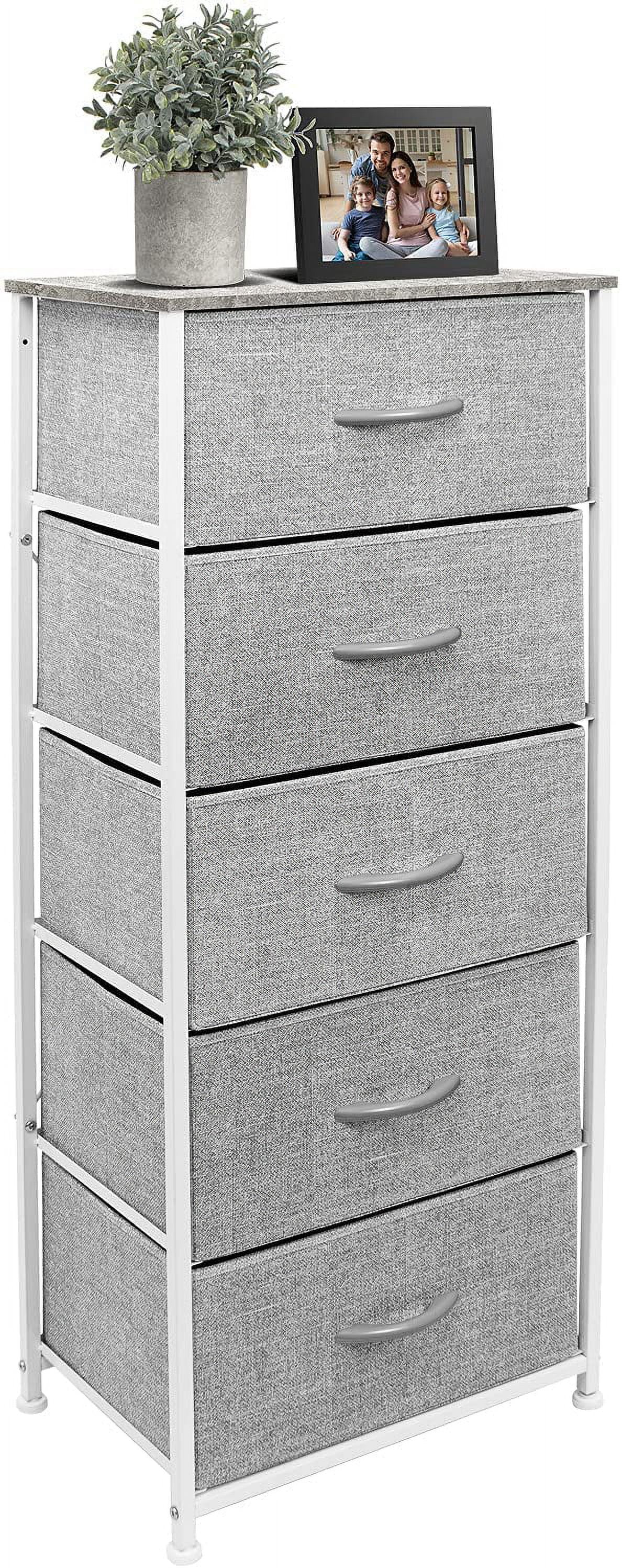 Sorbus Nightstand Dresser with 5 Drawers - Tall Storage Tower Unit Organizer for Bedroom, Hallway, Closet, College Dorm - Chest Drawer for Clothes, Steel Frame, Wood Top, Easy Pull Fabric Bins (Grey)