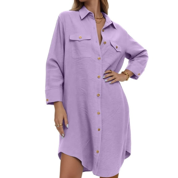 Ailaofu Women's Shirt Dress V Neck Long Sleeve Loose Casual with Pockets Front Button