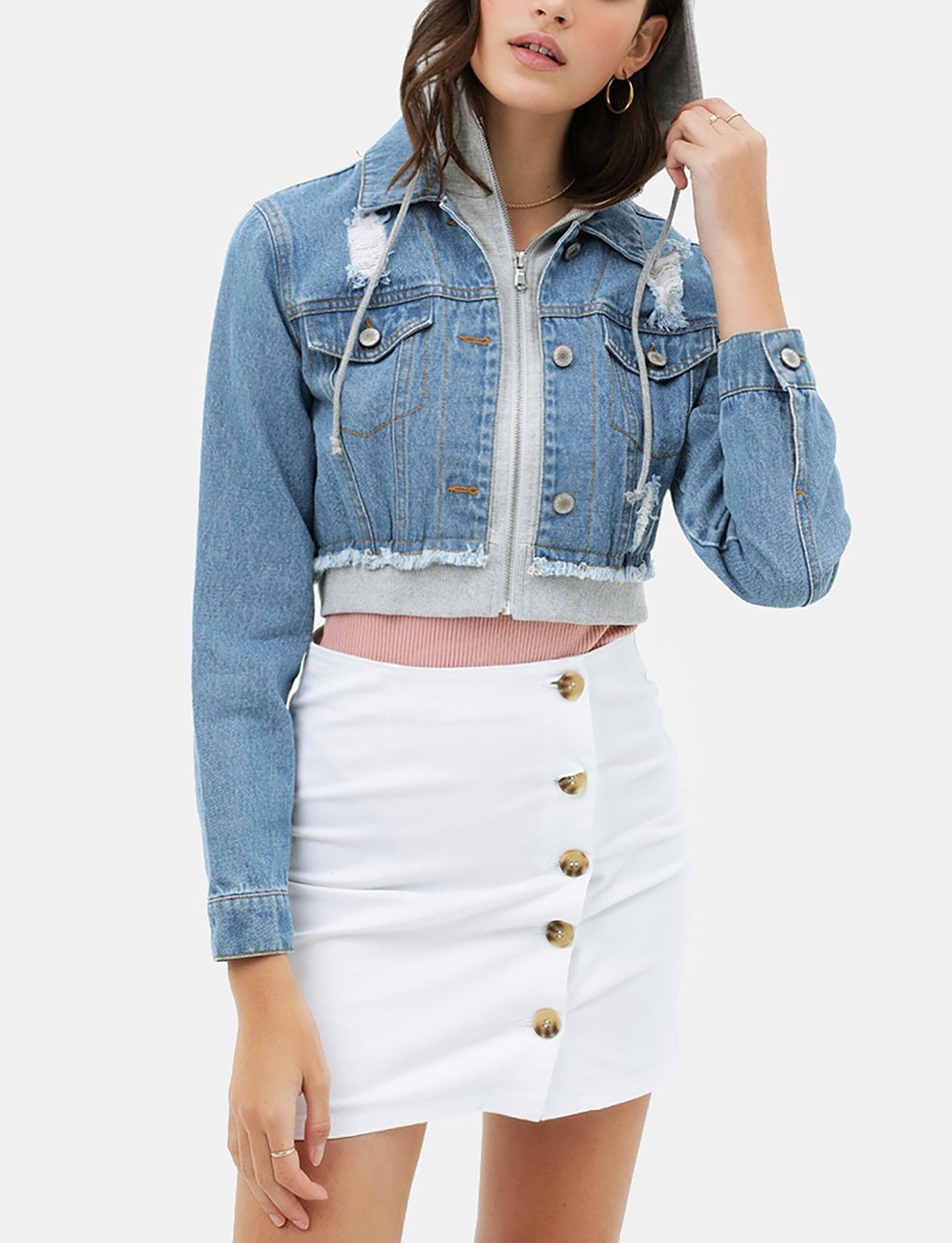 Women's Cropped Layered Hoodie Denim 
