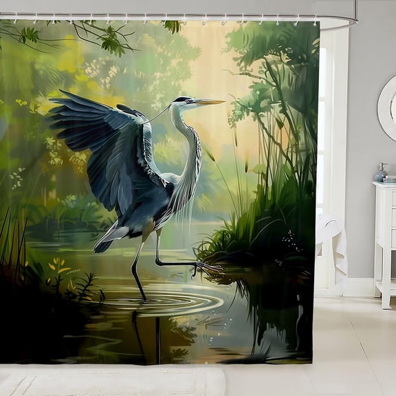 Great Blue Heron Shower Curtain Watercolor Tropical Rainforest Wildlife Bathroom Decor with Hooks 71x71 inches