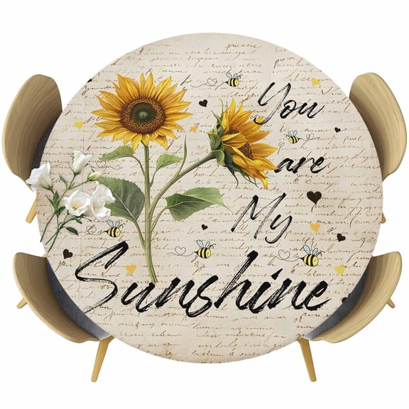 You Are My Sunshine Round Fitted Table Cover Sunflower Flower Bee Farm Waterproof Table Cloth with Elastic Edge Wipeable Tablecloth for Picnic Camping Party Fits 36"-44" Diameter