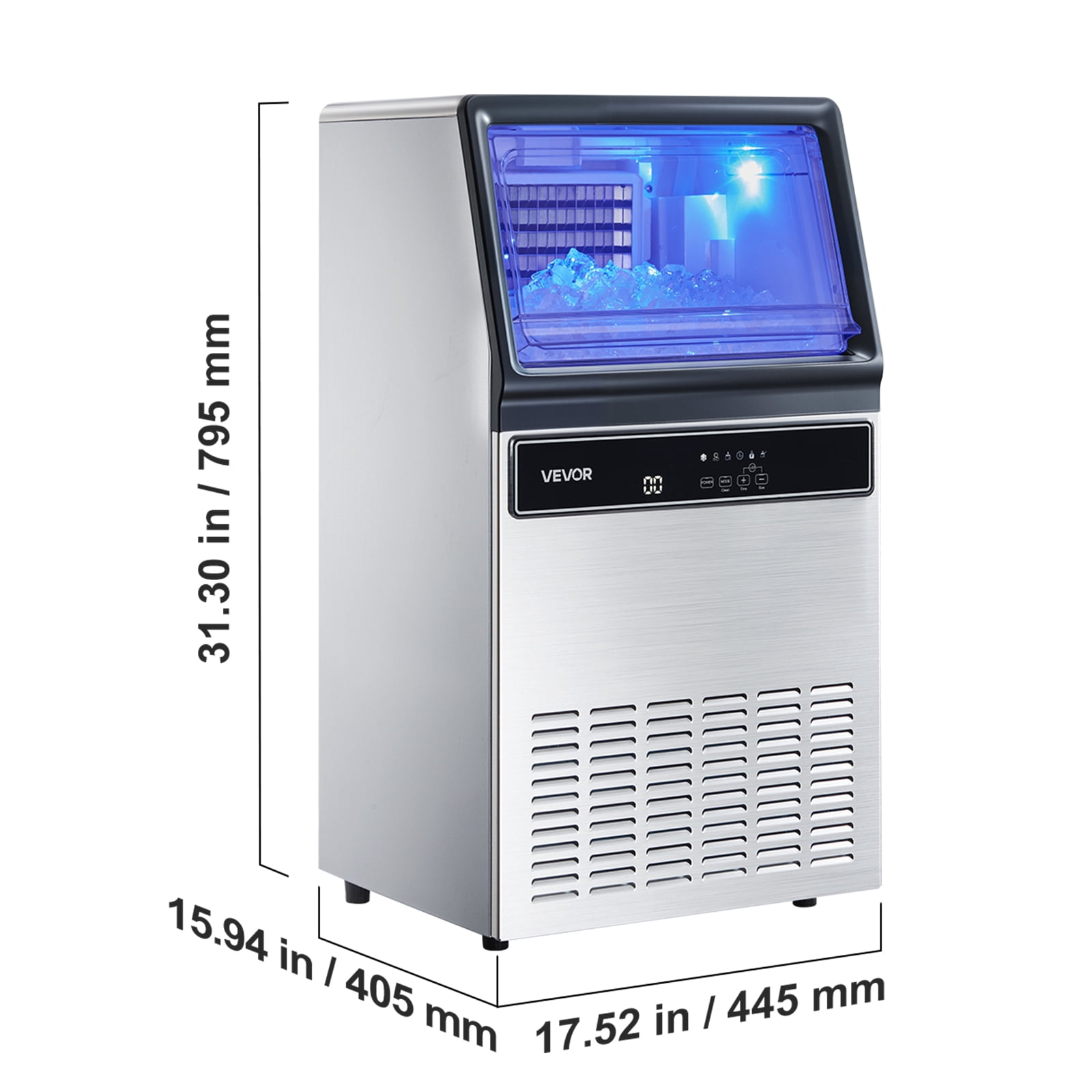 VEVOR Commercial Ice Maker Machine, 130Lbs/24H with 33Lbs Storage, 45 Cubes per Cycle, Stainless Steel Freestanding & Under Counter Ice Maker with LED Display & Self-Cleaning