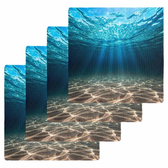 Light Blue Ocean Waves Kitchen Dish Towels for Drying Dishes Set of 4, Summer Beach Coastal Abstract Waffle Weave Microfiber Hand Tea Bathroom Towels Quick Dry & Absorbent Towel 12x12