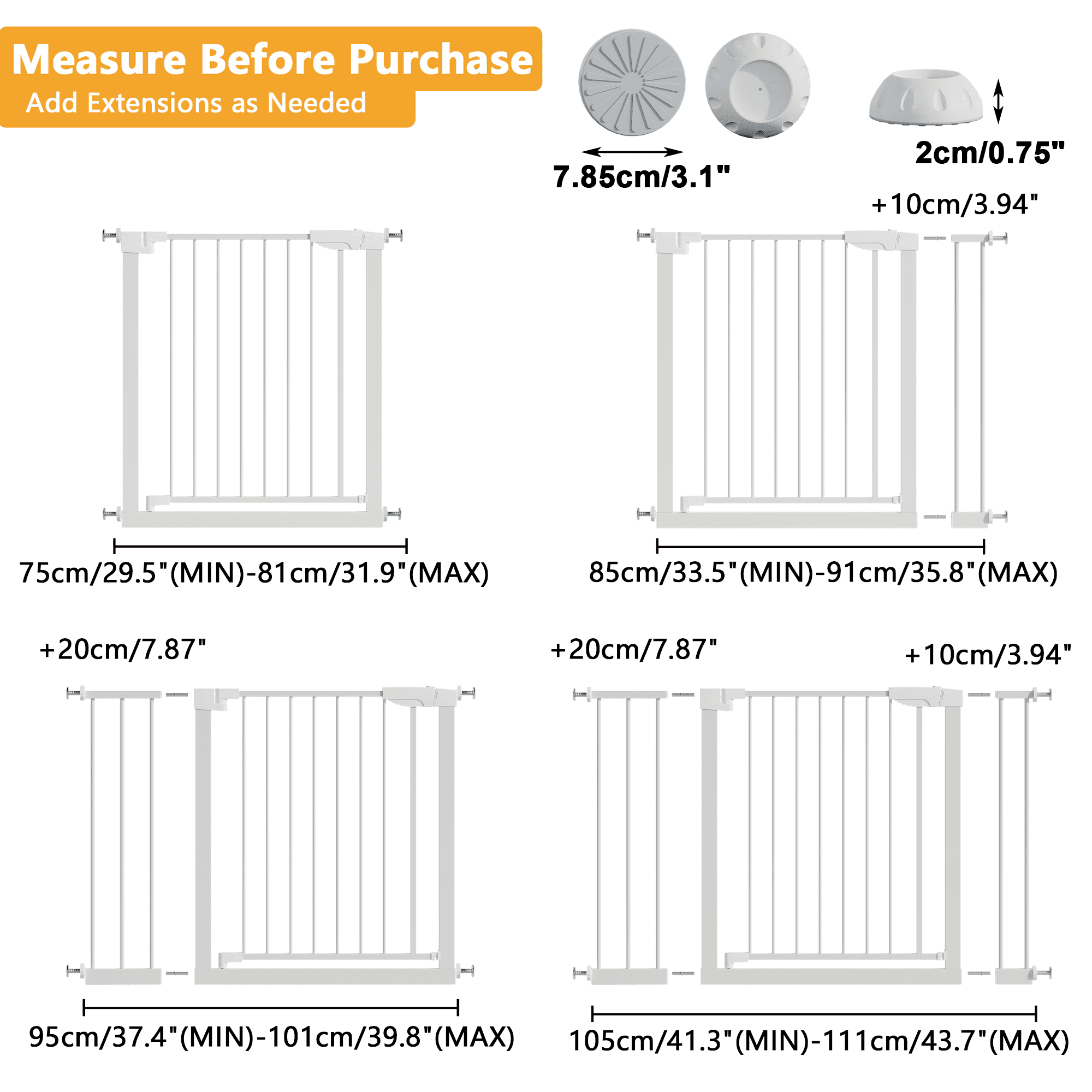 Leumius 29.5-45.3" Wide Baby Gate with Wall Protector for Stairs and Doorways, No Drilling Pressure Mounted Pet Gates for Kids, Easy Walk Through Safety Gate White
