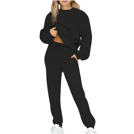 SUWHWEA Women Casual 2 Piece Outfits Long Sleeve Loose Tops Skinny Round  Neck Long Pants Sets Sweatshirts Suit Matching Sets for Women Black S