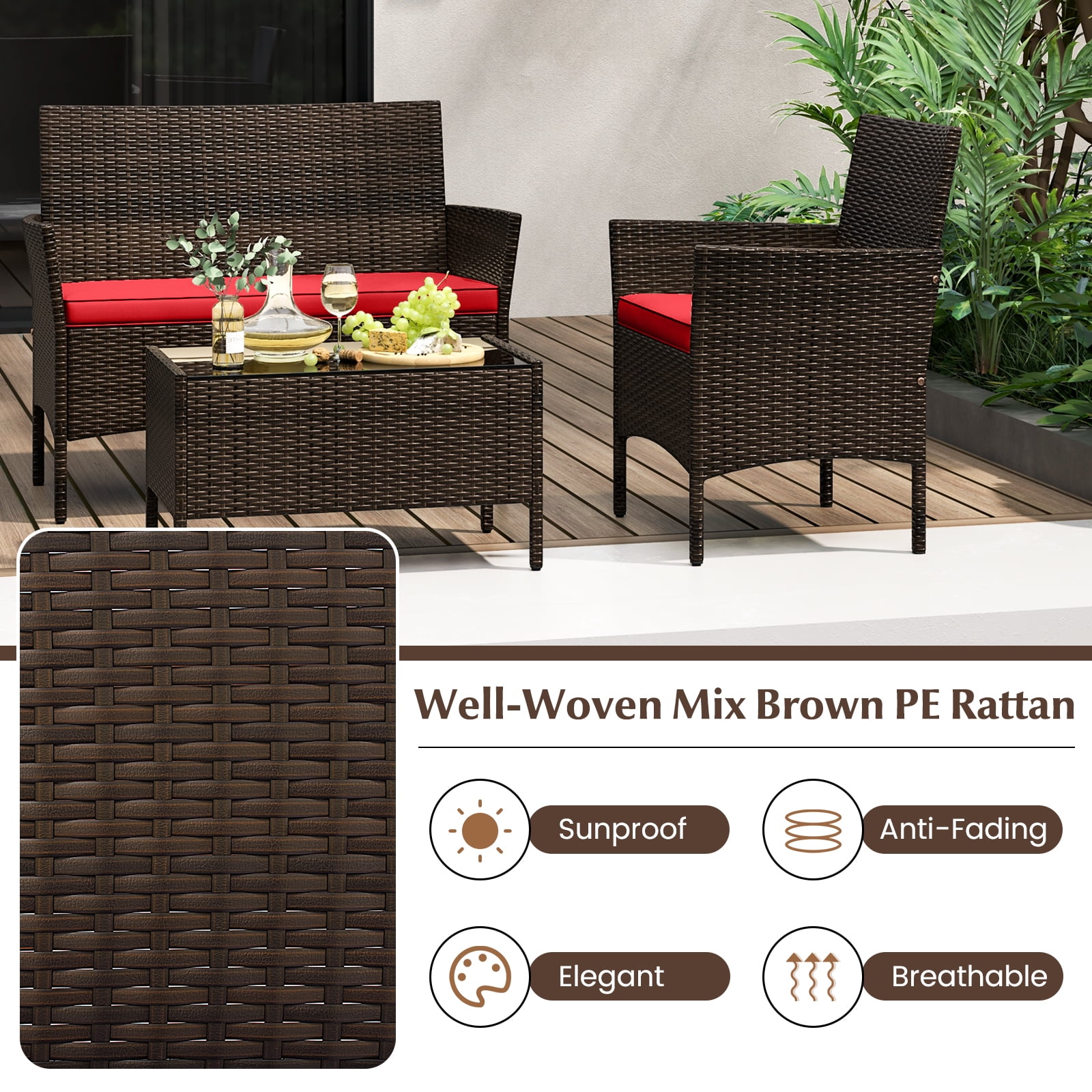 Gymax 4PCS Outdoor Furniture Set Patio Rattan Conversation Set w/ Red Cushion