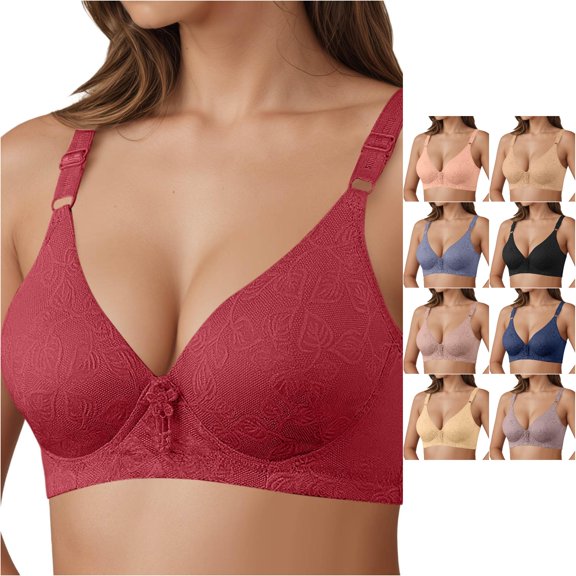 XFeng Women Floral Lace Underwire Bra, V Neck Adjustable Wide Straps Comfort Support Bra