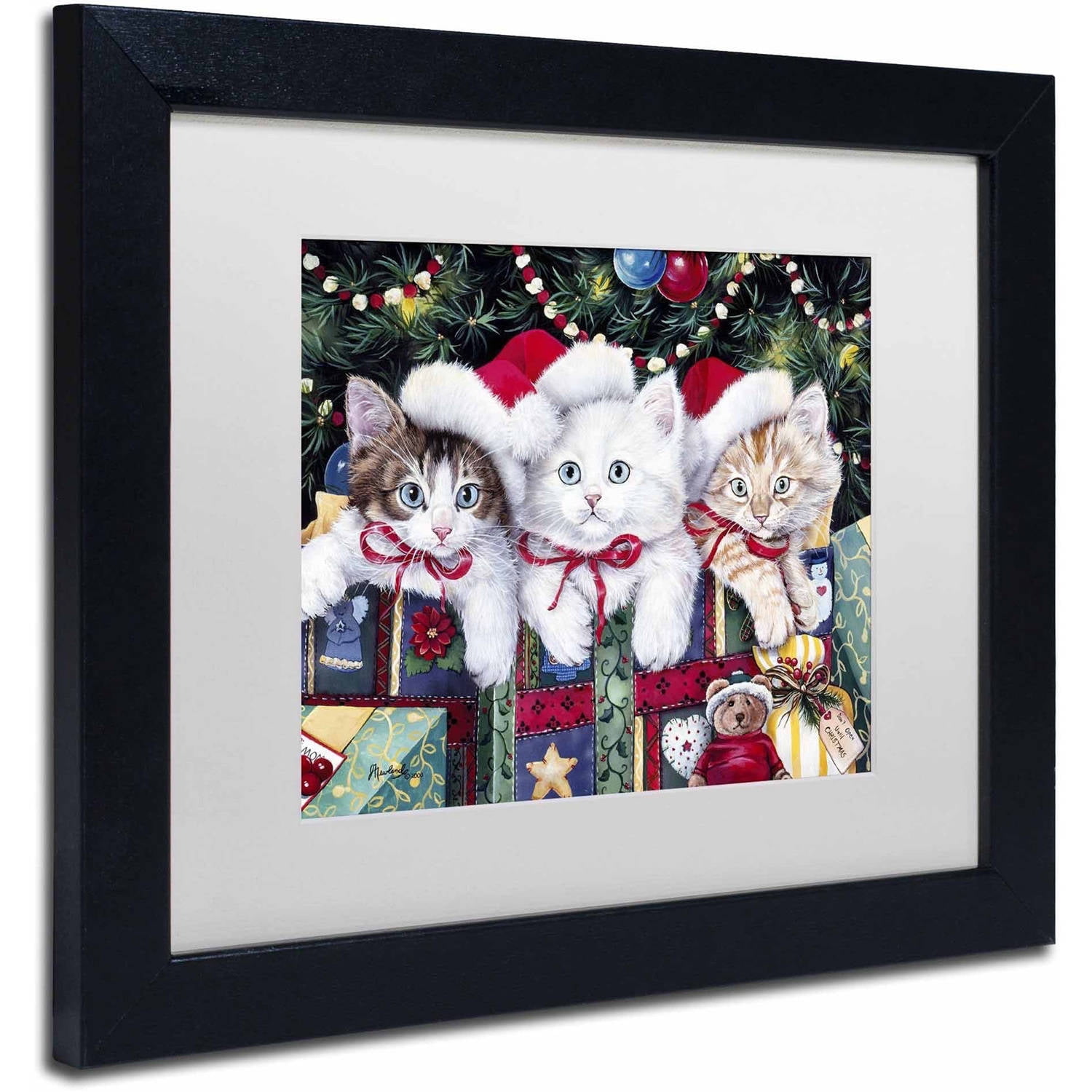 Trademark Fine Art 'Meowy Christmas' Canvas Art by Jenny Newland, White Matte, Black Frame