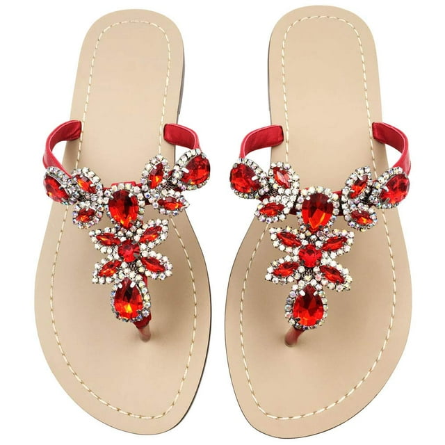 Sandalias Hinyyrin para mujer, planas, con diamantes de imitación, color rojo, talla 8