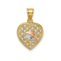 14K Yellow Rose Gold White Rhodium 2 Dolphins in Basket Woven Wieve Design Heart Charm Pendant