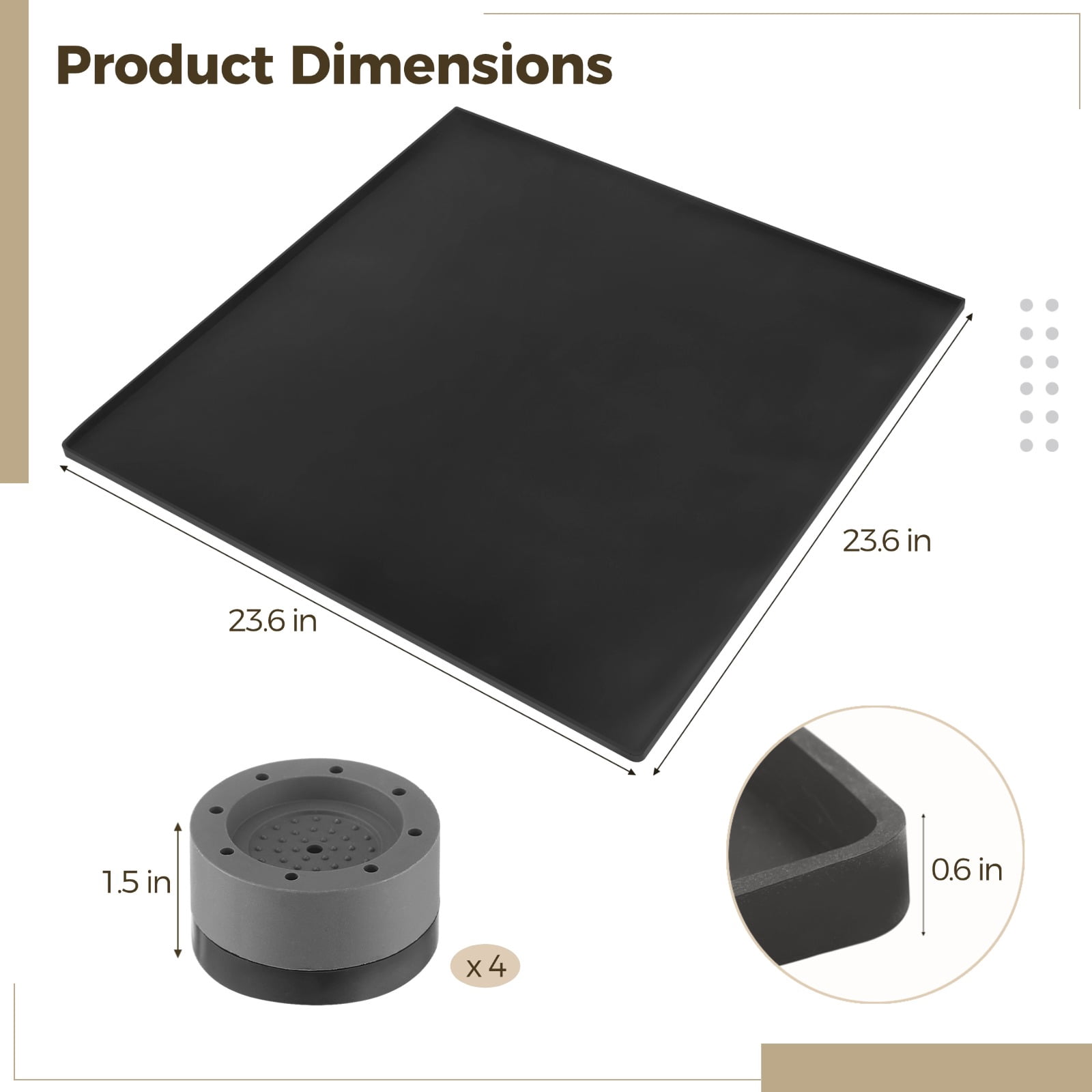 Fridge Silicone Mat With 4 Base Raisers, 23.6 x 23.6 x 0.6 in Waterproof Drip Tray, Non Slip Appliance Floor Protector Pad, Raised Edge Design for Washer Refrigerator Kitchen Use