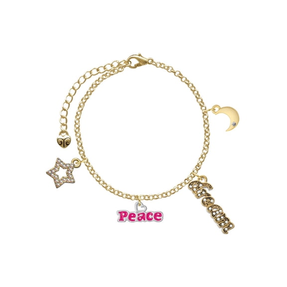 Delight Jewelry Hot Pink ''Peace'' with Heart Goldtone Dream Big Charm Bracelet, 7.5 2" Extender