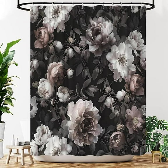 Black Grey Floral Shower Curtain Vintage Flowers Blossom Botanical Boho Fabric Bathroom Decor Curtains Set With Hooks 65"W x 72"L
