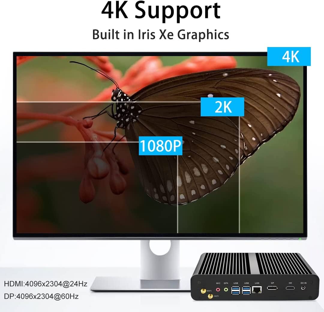 Fanless Mini PC, Desktop Computer i7-8565U 1.8-4.6GHz, Windows 11 Pro 64Bit, 16G DDR4 RAM| 512G NVME SSD, WiFi 6, 4K@60Hz, HDMI/DP, BT 5.1, Gigabit Ethernet for Gaming/Office/Industrial/HTPC