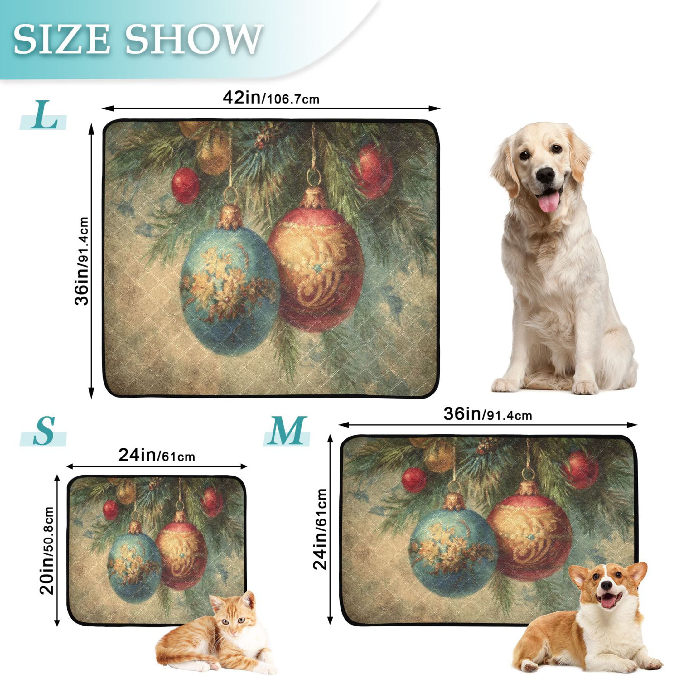 Qxltty Vintage Christmas Ball Cat litter Pads Pet Set of 2 Diaper Mats Center Anti-leakage Layer Absorbent Soft and Comfortable