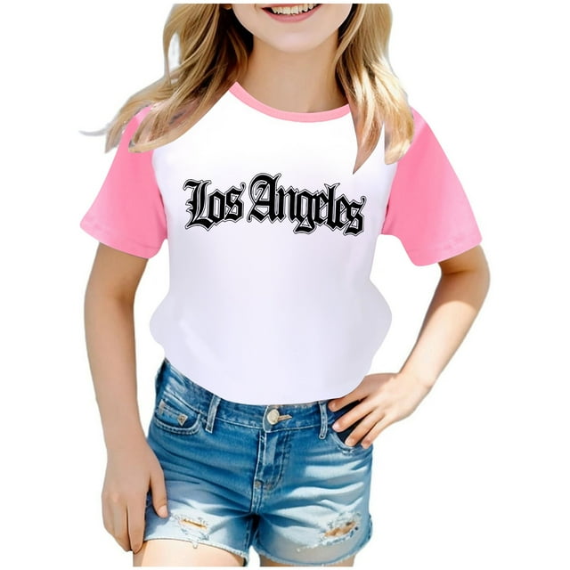 TIEVOSA T-Shirt à Manches Courtes Raglan Imprimé Ville pour Garçons et Filles 3422 pour 6-7 Ans (Rose)