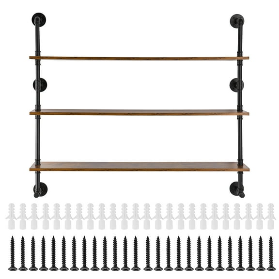 KFFKFF Commercial Pipe Shelving, Triple Layer 48x9.84in, Attachable Wall Antique Wooden Shelf Support, Exhibit Book Rack, Organizing Stand for Miscellaneous Items in Kitchen, Bedroom, Bathroom