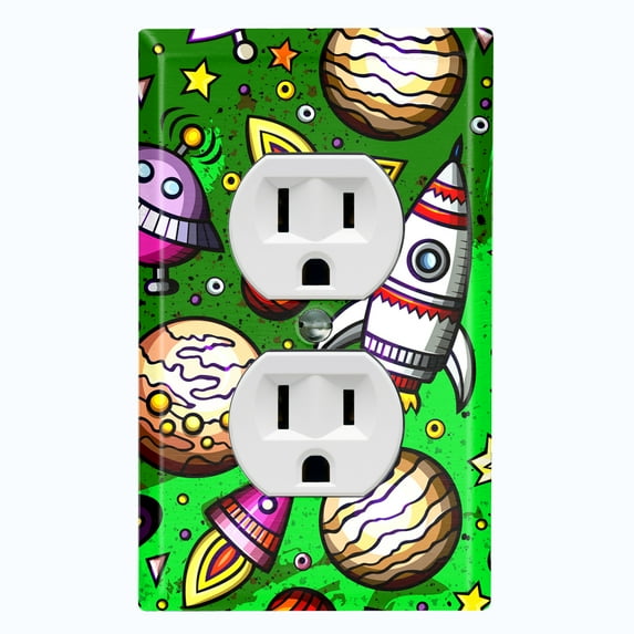Metal Light Switch Wall Plate Outlet Cover (Spaceship UFO Astronaut Rocket Outerspace Star Green- Single Duplex)