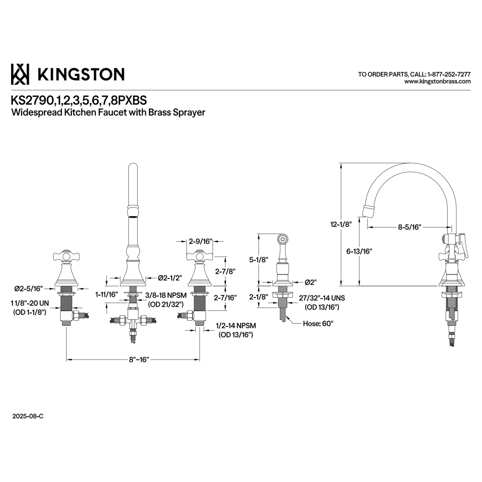 Kingston Brass KS2798PXBS Governor Double-Handle 4-Hole Widespread Kitchen Faucet with Brass Sprayer in Brushed Nickel