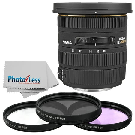 Sigma 10-20mm f/3.5 EX DC HSM ELD SLD Aspherical Super Wide Angle Lens for Canon Digital SLR Cameras + 82mm 3 Piece Filter Kit UV, CP & FLD Filter + Photo 4 Less Cleaning Cloth - Great Value (Best Sigma Wide Angle Lens For Canon Full Frame)
