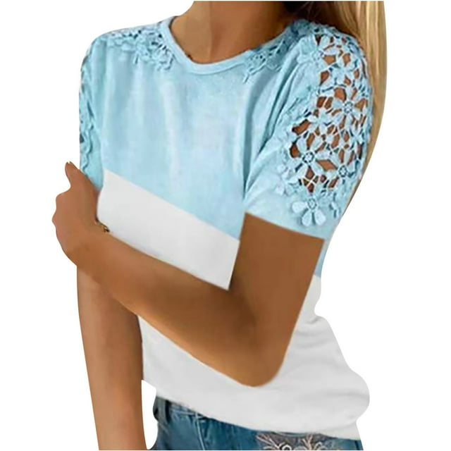 yoeyez T-Shirts pour Femmes en Dentelle à Manches Courtes Raglan Hauts Décontractés à Col Rond Chandail Mode T-Shirt Uni à Motif Floral Tenues d'Été 2025 Bleu 5TG