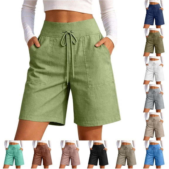 DHFJKG Linen Shorts For Women Lightweight High Waisted Relaxed Fit Wide Leg Casual Drawstring Summer Shorts