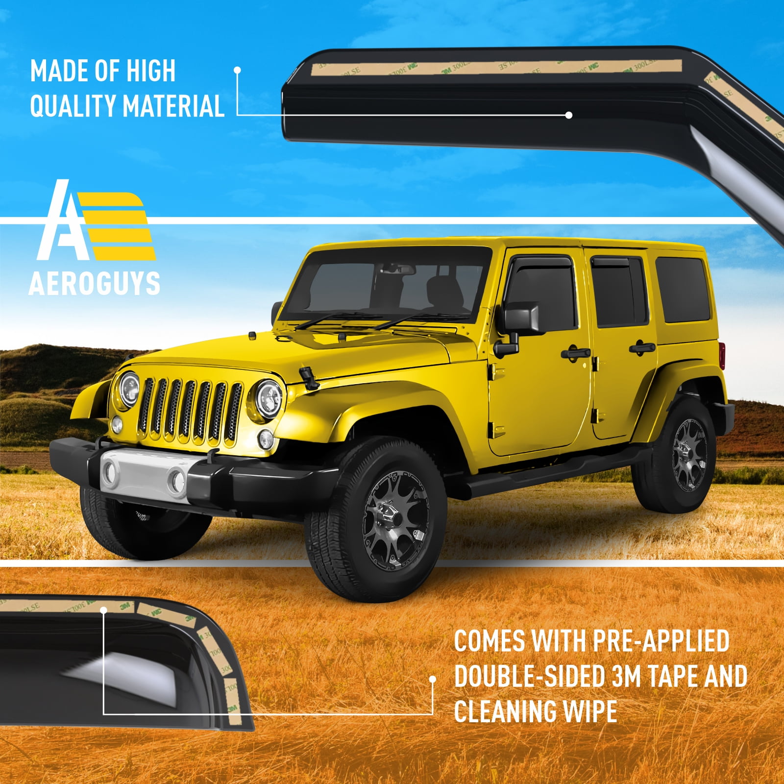 AEROGUYS in-Channel Window Deflectors Extra Durable Window Visors Rain Guards Fit for Jeep Wrangler JK 2007-2018, Sun Visors, Wind Vent Visors, Car Accessories- 4pcs. AG0263