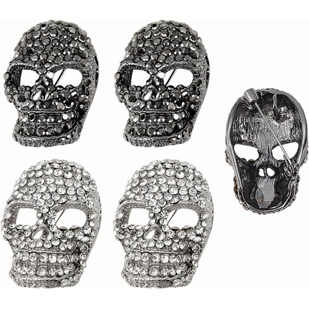 4 broches para mujer con forma de cabeza o pecho, de aleación, con calaveras y diamantes de imitación. Broches con insignia de calaveras negras y platino.