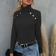 thumbnail image 2 of Camisa de manga larga con cuello alto para mujer, ajustada, Color sólido, con botones, cuello alto, manga larga, Top acanalado, negro, XXL, 2 of 6