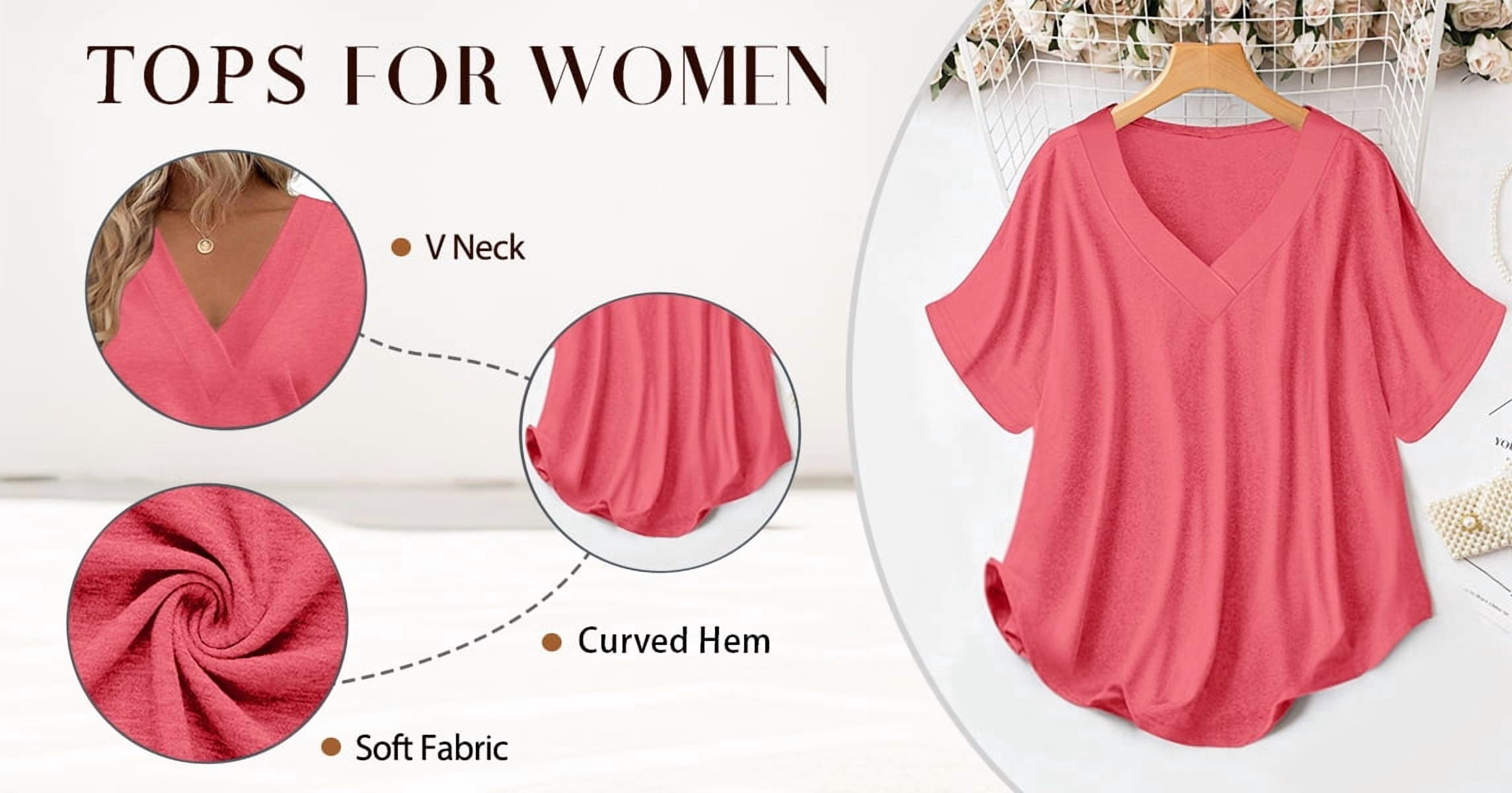 MOSHU Deep V Neck Womens Tops Curved Hem Shirts for Women Fashion Trendy Blouses Casual Loose Fit Tees Tops