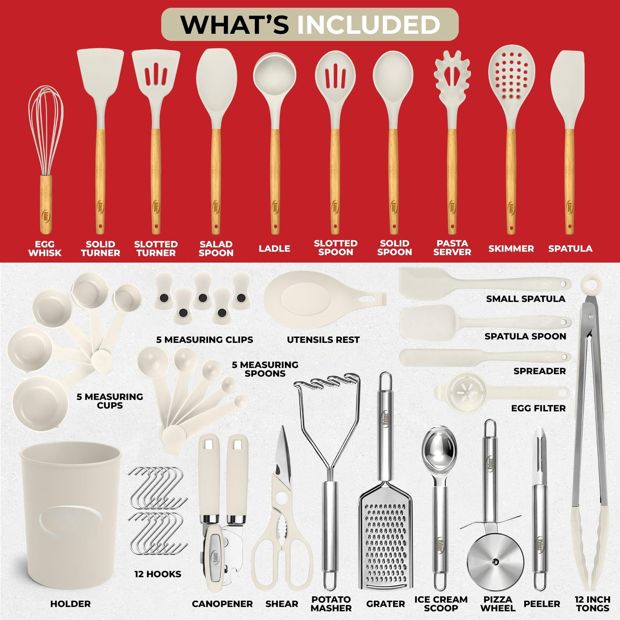 50 Silicone Kitchen Utensils Set Complete - 800°f Heat Resistant Non-stick Cooking W Wooden Handles Can Opener  Masher Turner Spatula