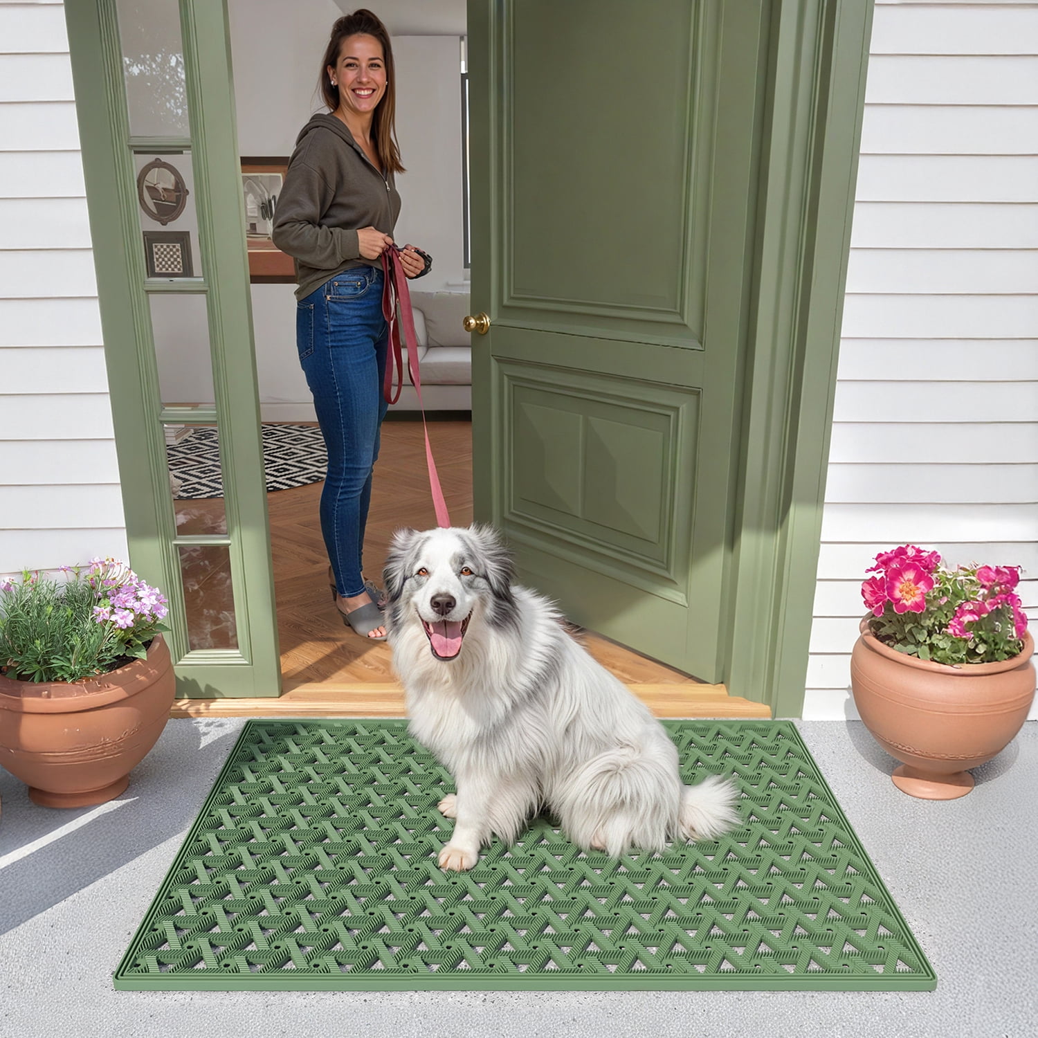 PABUBE Outdoor Doormat , Waterproof and Heavy Duty Doormat for Outside, Low Pile Dirt Trapper Rubber Outdoor Mat and Non-Slip Welcome Mat for Front Doors, 19" x 29", Green