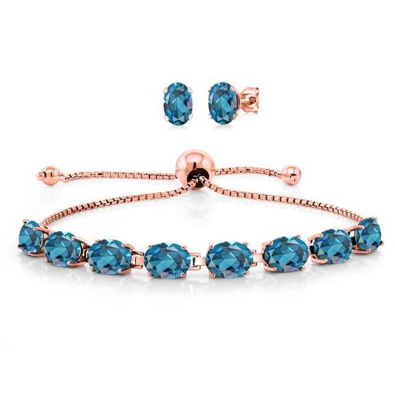 Gem Stone King 18K Rose Gold Plated Silver London Blue Topaz Bracelet and Earrings Jewelry Set for Women (10.00 Cttw, Gemstone November Birthstone, Oval 7X5MM, Fully Adjustable up to 9 inch)