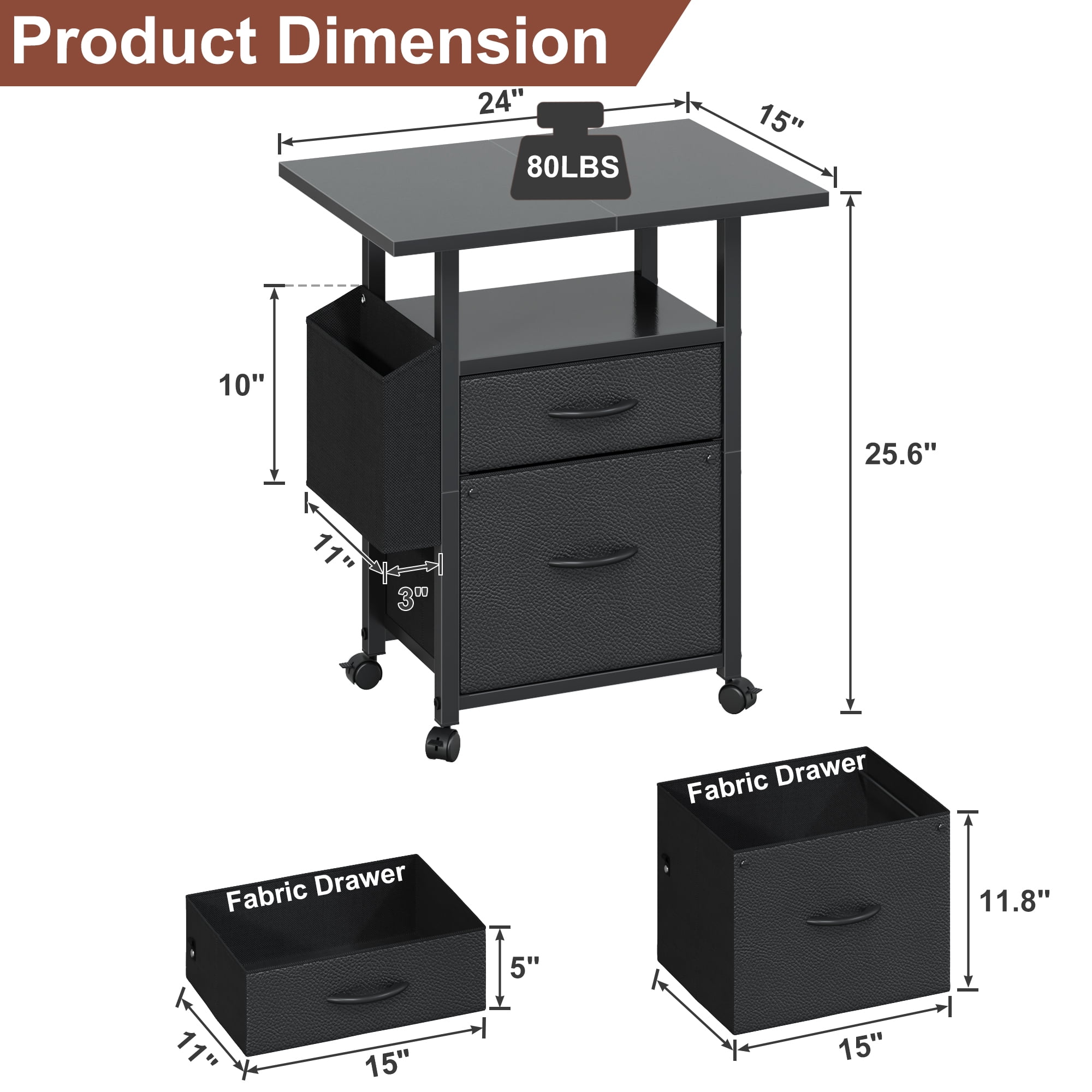 HIGDBFE File Cabinets with 2 Drawer, Rolling Fabric Filing Cabinet with 24'' Large Tabletop, Printer Stand for Home Office, Fits A4/Letter Size, Rustic Black