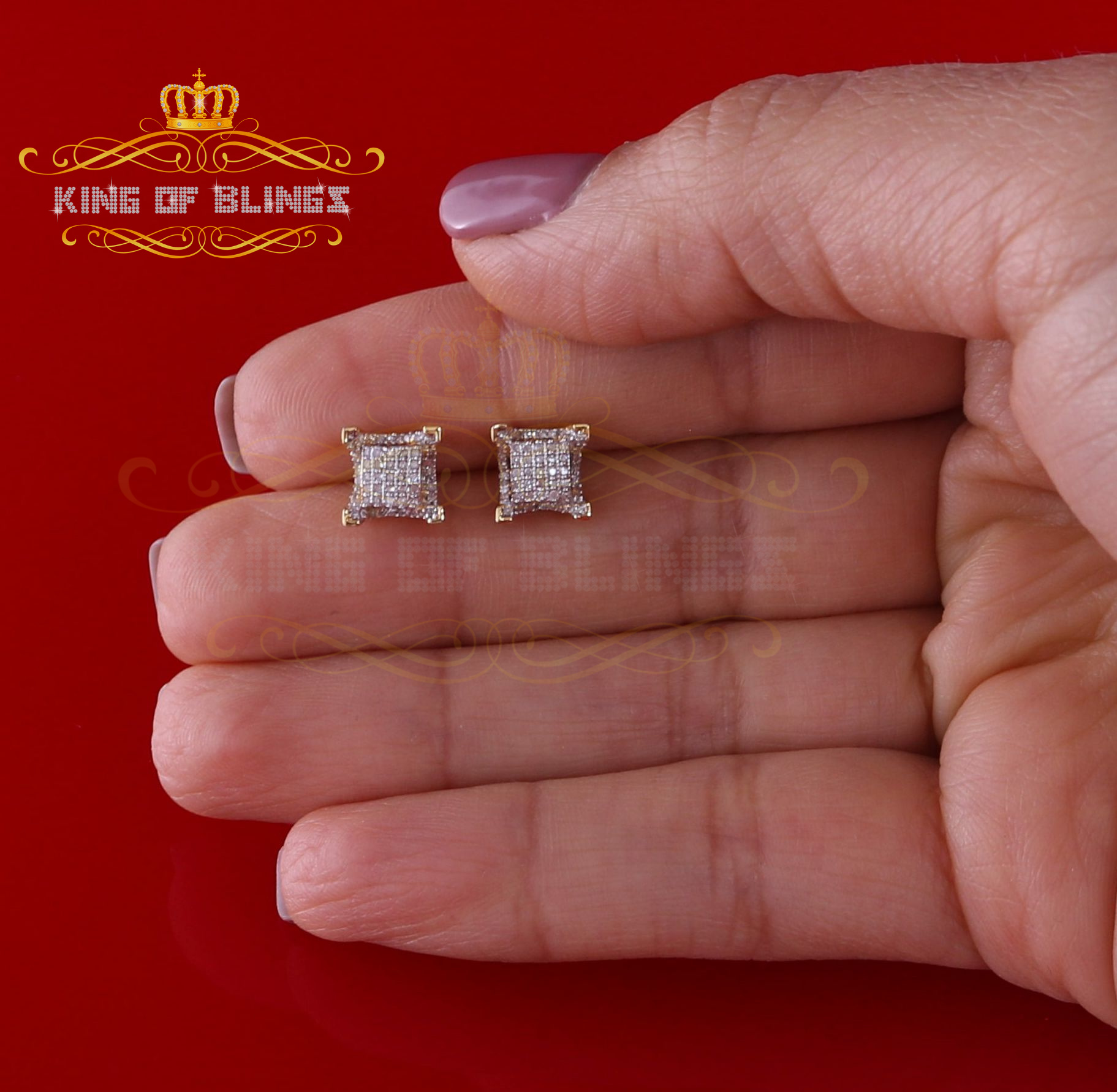 King of Bling's 10K Real Yellow Gold Real Diamond 0.25CT Men's/Women's Square Stud Micro Earring