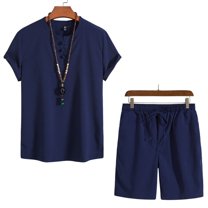Awdenio Men's 2 Piece Outfits Linen Set Short Sleeve Shirt Top and Drawstring Waist Vacation Short Sets