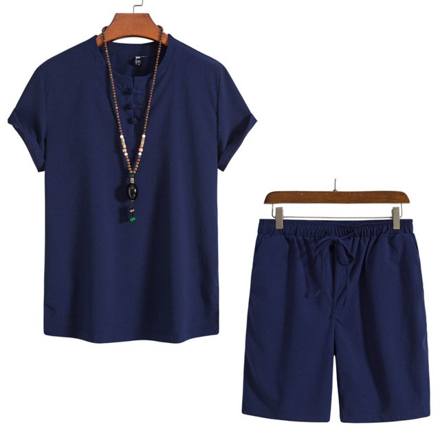 Weiqiqre Men's 2 Piece Outfits Linen Set Short Sleeve Shirt Top and Drawstring Waist Vacation Short Sets