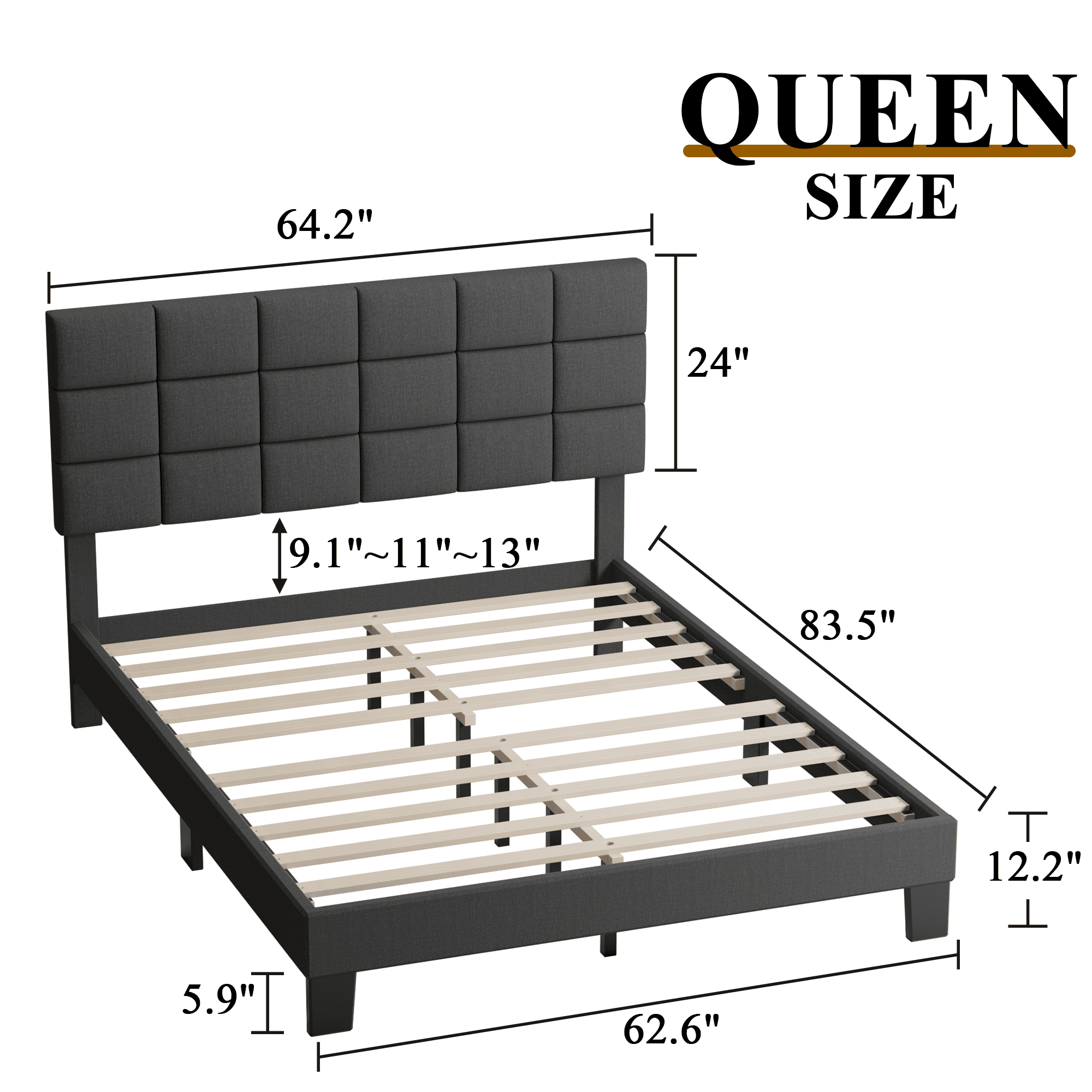 Queen Bed, Lifezone Queen Size Upholstered Bed Frame with Adjustable Headboard, No Box Spring Needed, Dark Grey