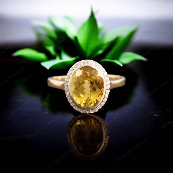 SHREENATHJEWELRY 8x6MM / 2Ct Vintage Citrine Engagement Ring- CZ Diamond Halo Bridal Wedding Ring Alternative Fine Women Jewelry Birthday Gift For Mother