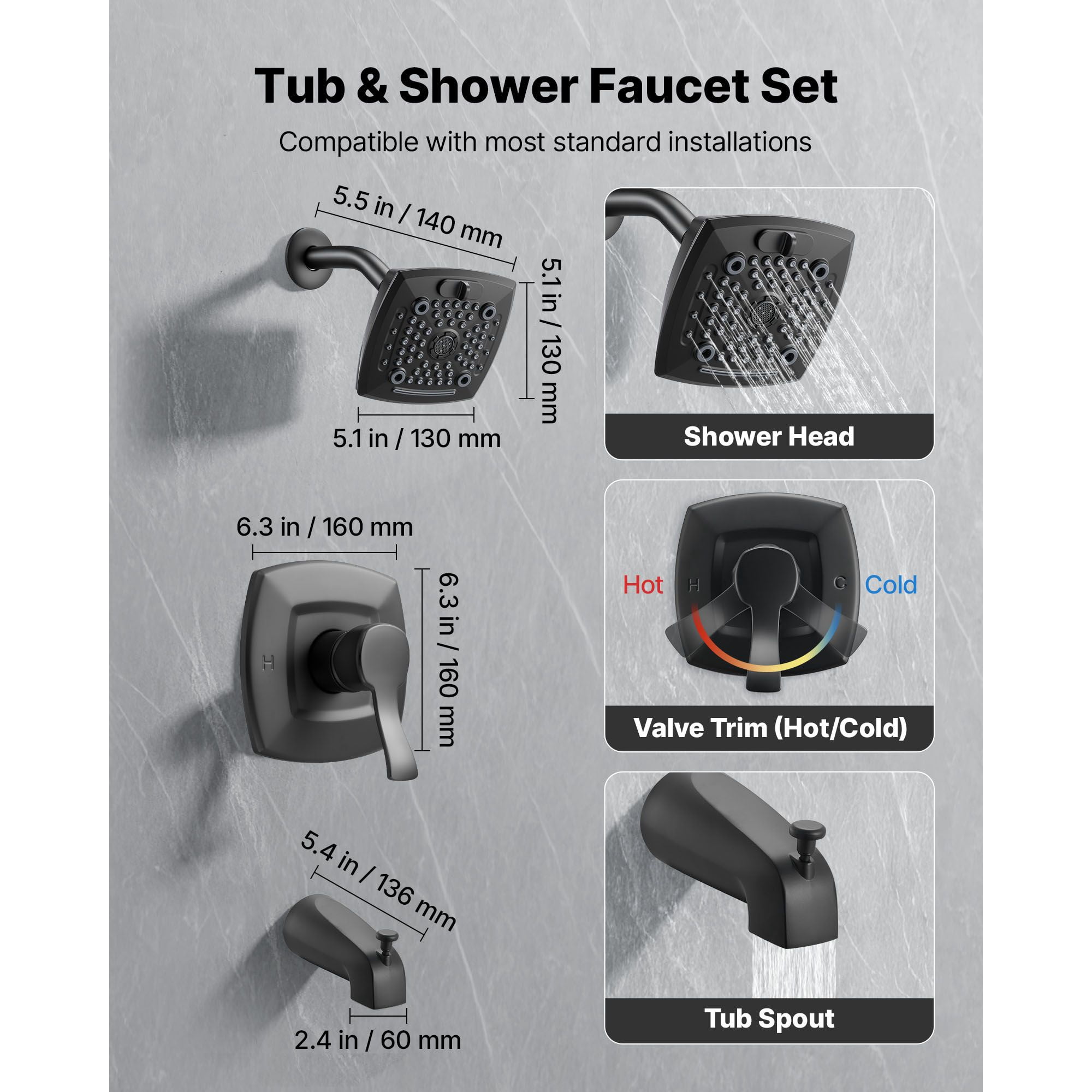 Tub and Shower Faucet Set 4-Piece Pressure Balancing Valve 5 Shower Modes Matte Black for Bathroom